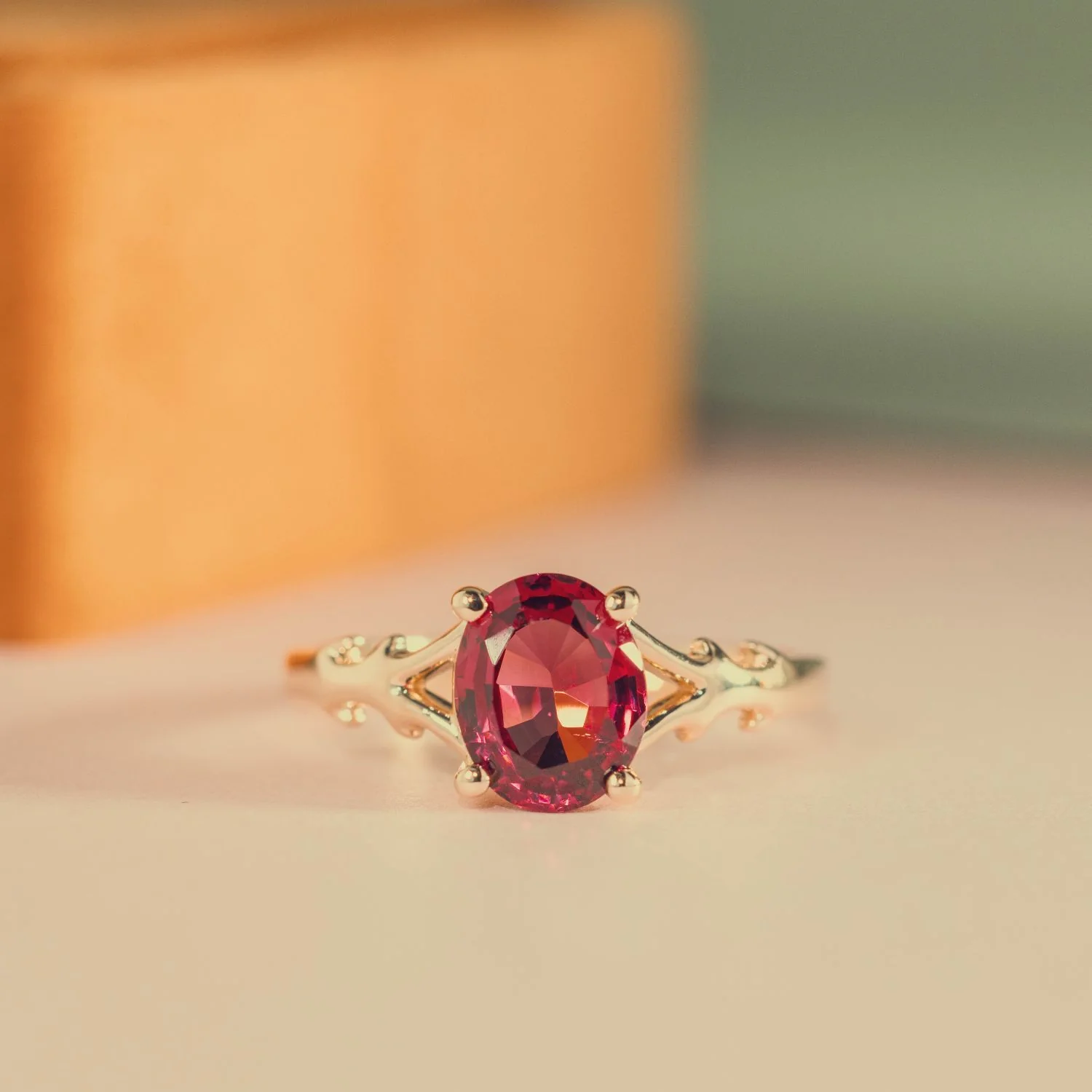 The Dakota - Oval Garnet Rhodolite Solitaire Engagement Ring with Nature-Inspired Split Shank Setting - Image 5