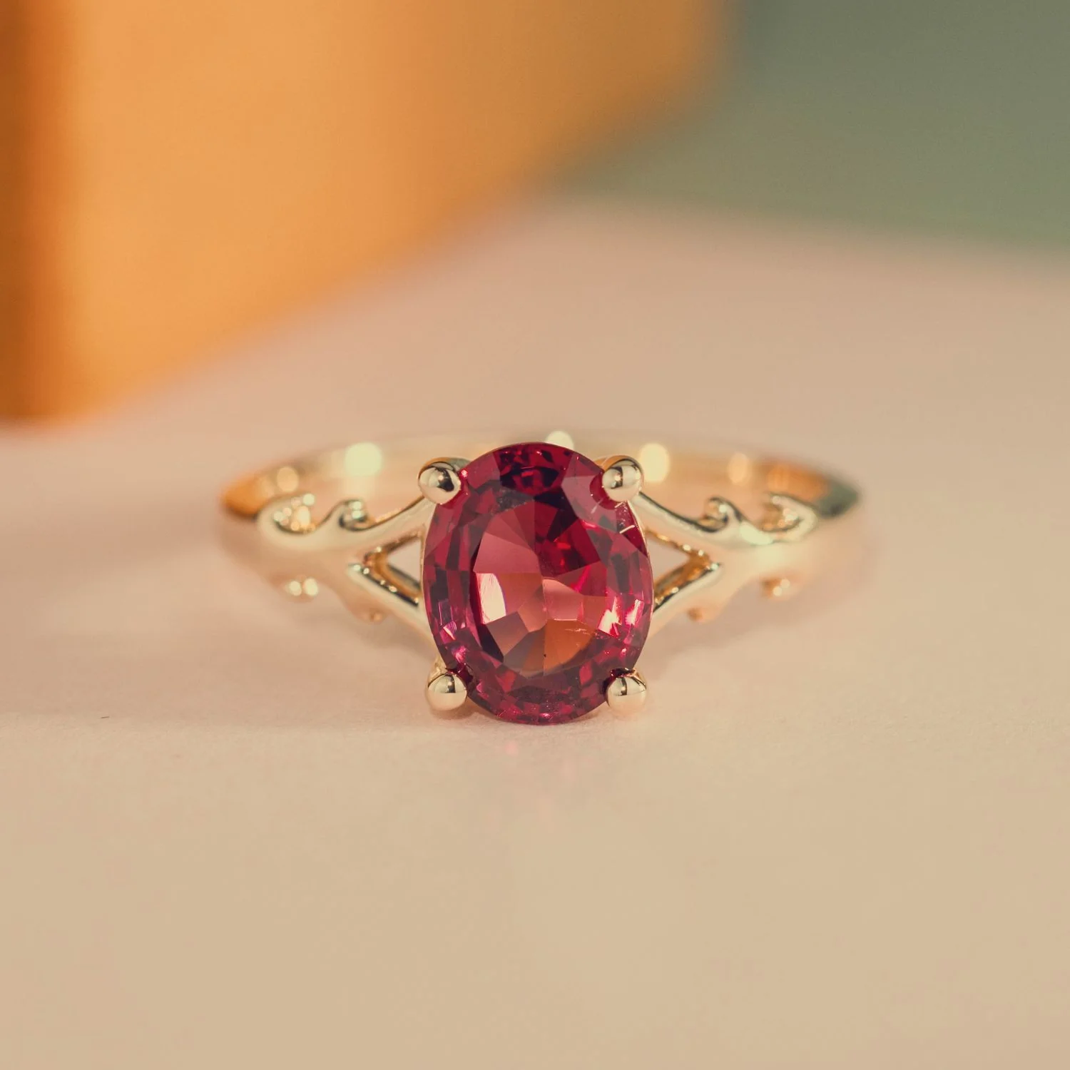 The Dakota - Oval Garnet Rhodolite Solitaire Engagement Ring with Nature-Inspired Split Shank Setting - Image 7