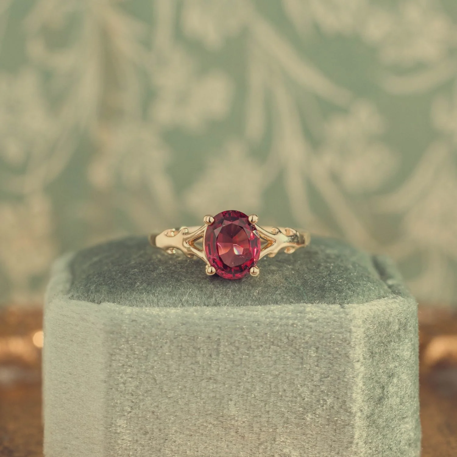 The Dakota - Oval Garnet Rhodolite Solitaire Engagement Ring with Nature-Inspired Split Shank Setting - Image 9