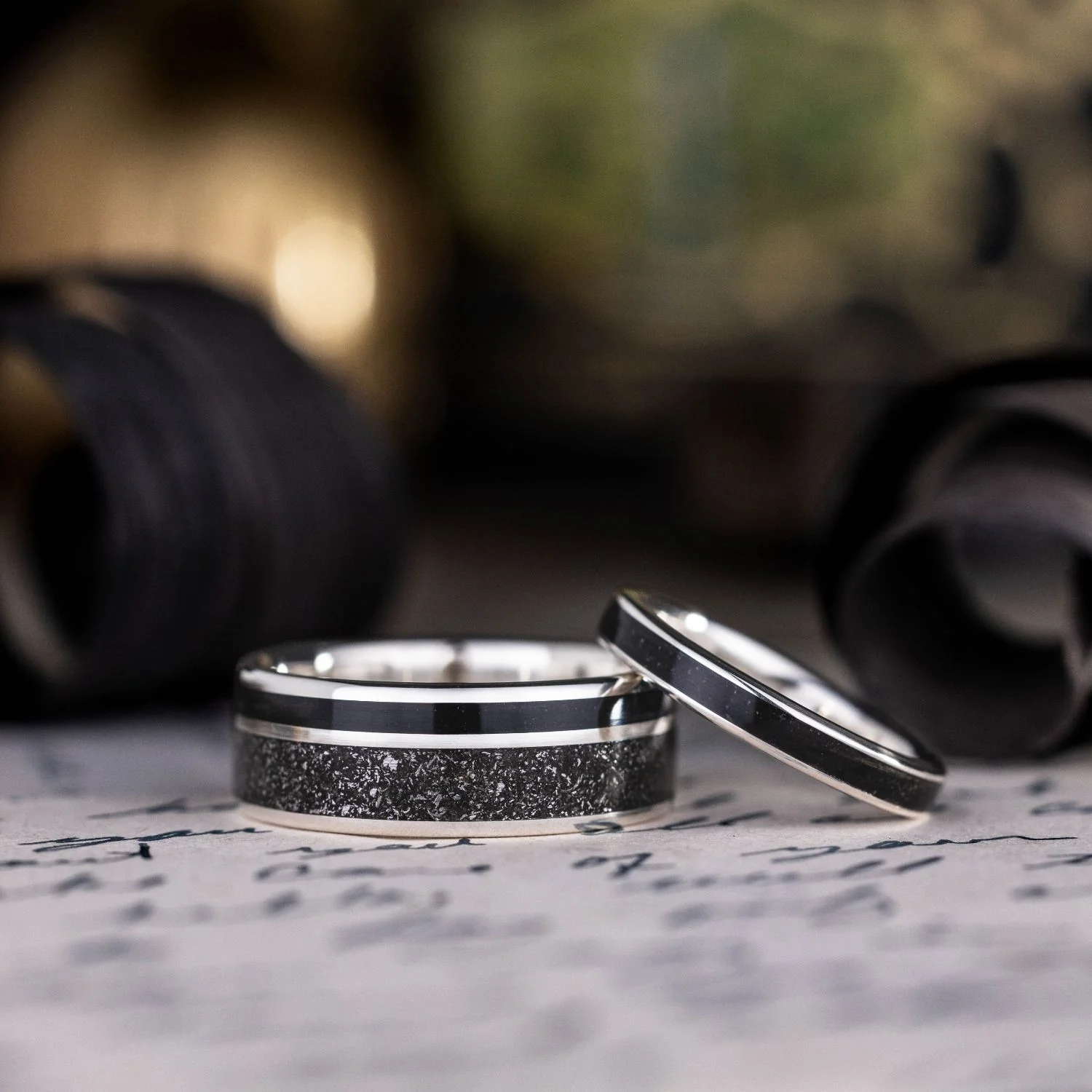 The Dark Star & Obsidian - Celestial Black and Silver Wedding Ring Set - Image 3