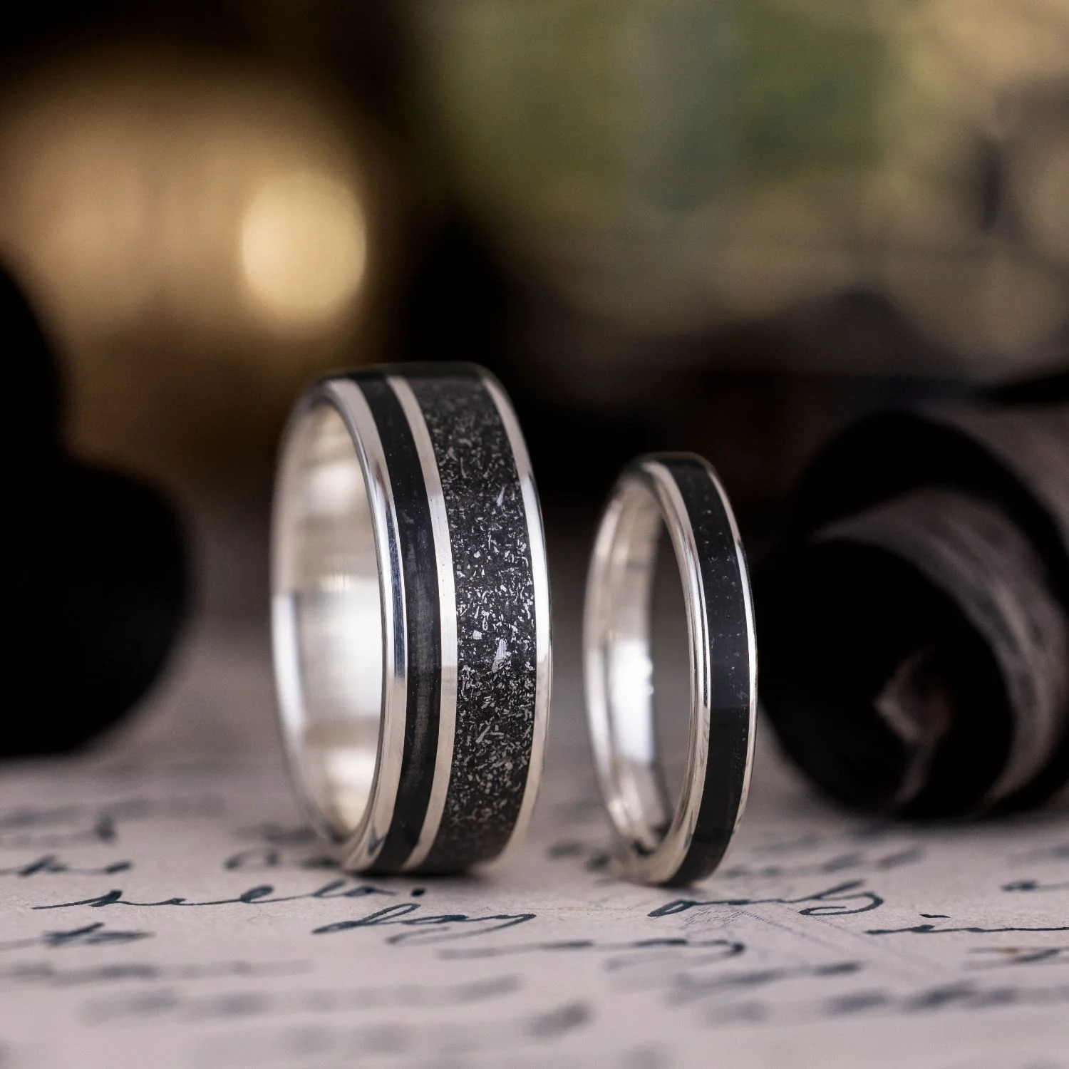 The Dark Star & Obsidian - Celestial Black and Silver Wedding Ring Set - Image 4