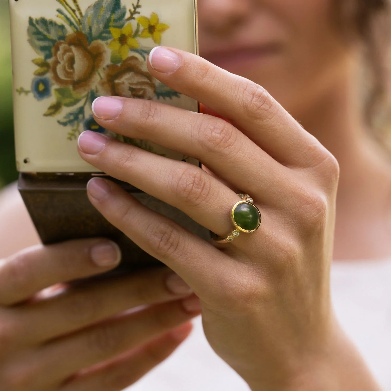 The Delfi - Oval Nephrite Jade Ring with Bezel Setting & Diamond Accents - Image 11