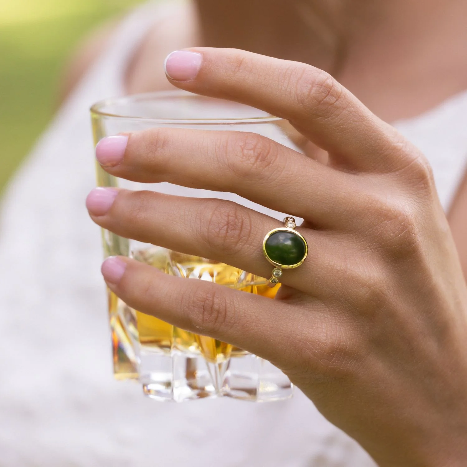 The Delfi - Oval Nephrite Jade Ring with Bezel Setting & Diamond Accents - Image 12