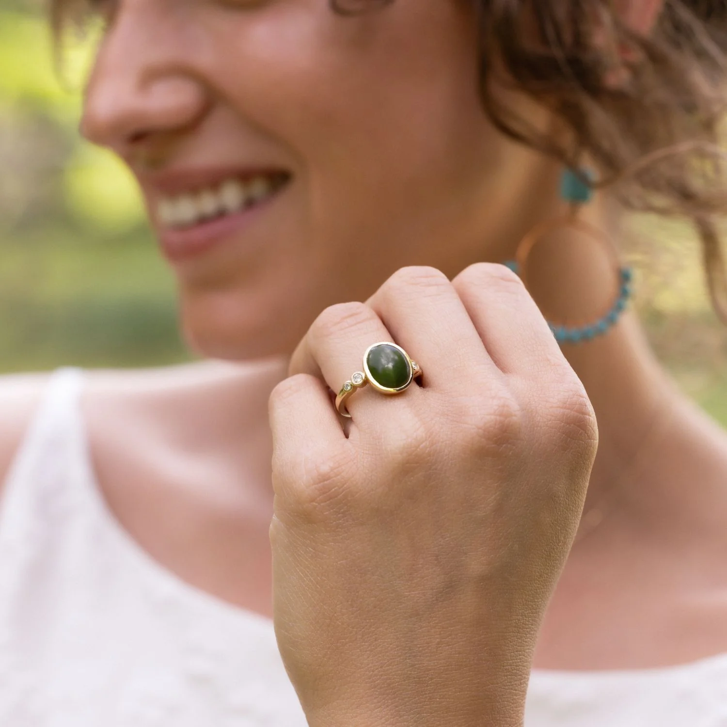 The Delfi - Oval Nephrite Jade Ring with Bezel Setting & Diamond Accents - Image 3