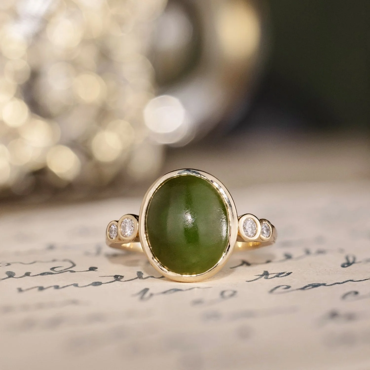 The Delfi - Oval Nephrite Jade Ring with Bezel Setting & Diamond Accents - Image 4