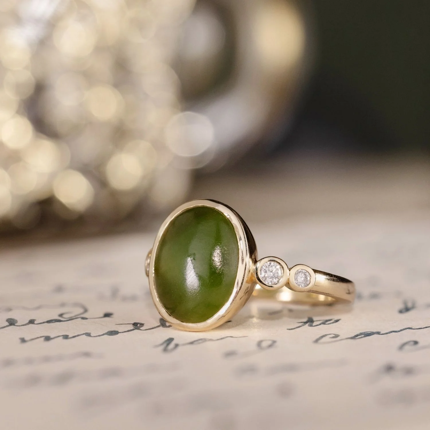 The Delfi - Oval Nephrite Jade Ring with Bezel Setting & Diamond Accents - Image 5