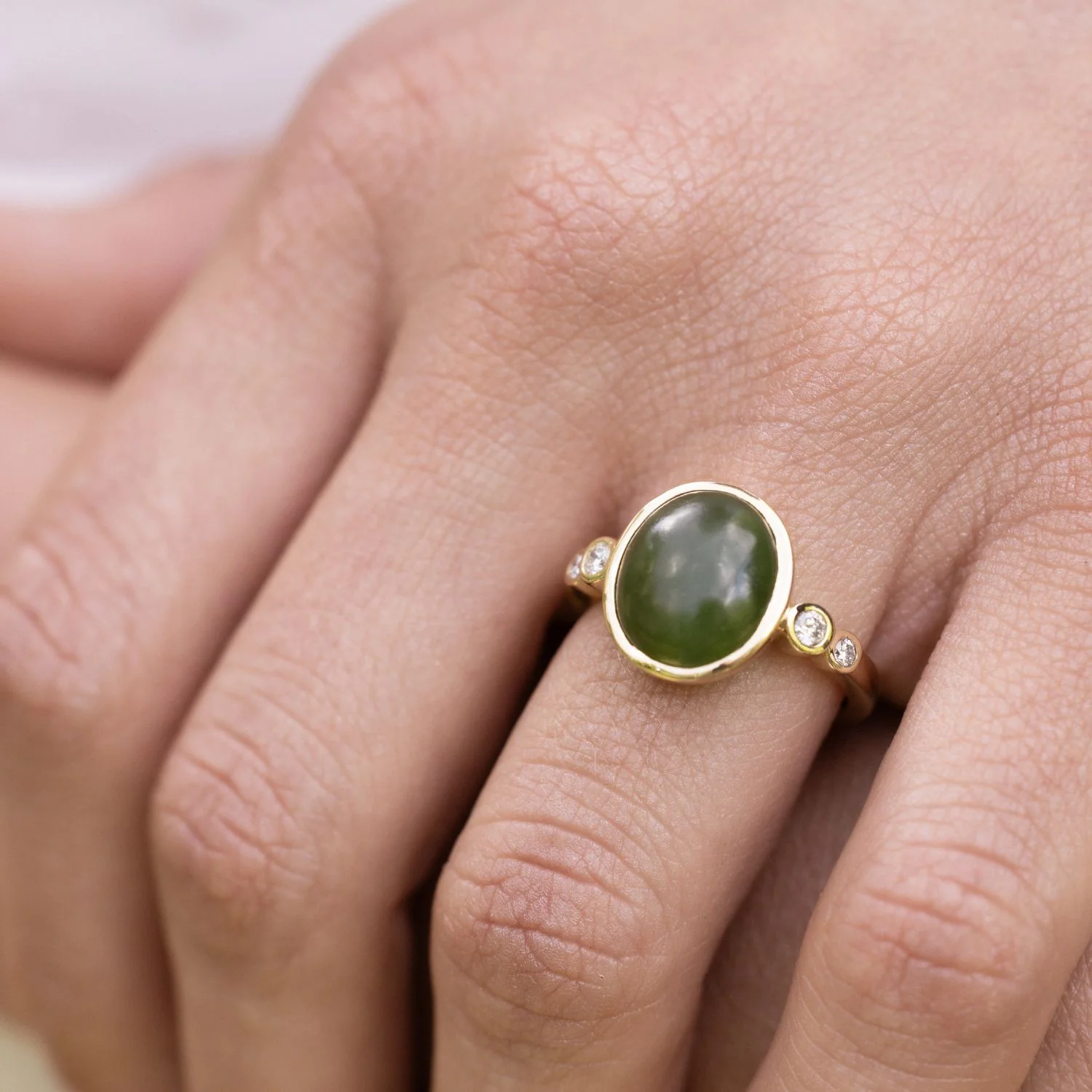 The Delfi - Oval Nephrite Jade Ring with Bezel Setting & Diamond Accents - Image 6