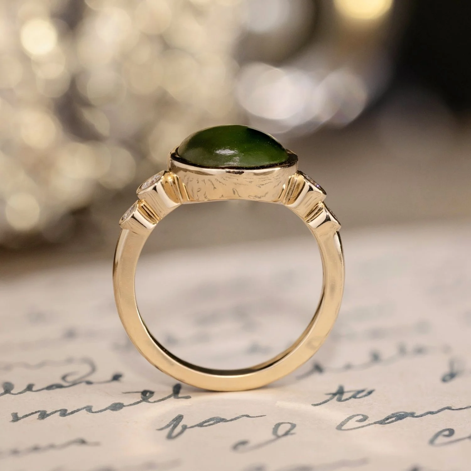 The Delfi - Oval Nephrite Jade Ring with Bezel Setting & Diamond Accents - Image 7