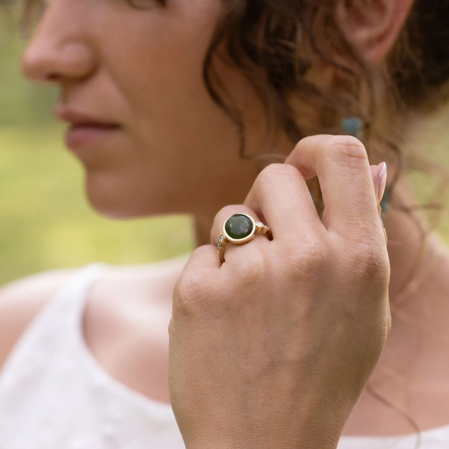 The Delfi - Oval Nephrite Jade Ring with Bezel Setting & Diamond Accents - Image 8