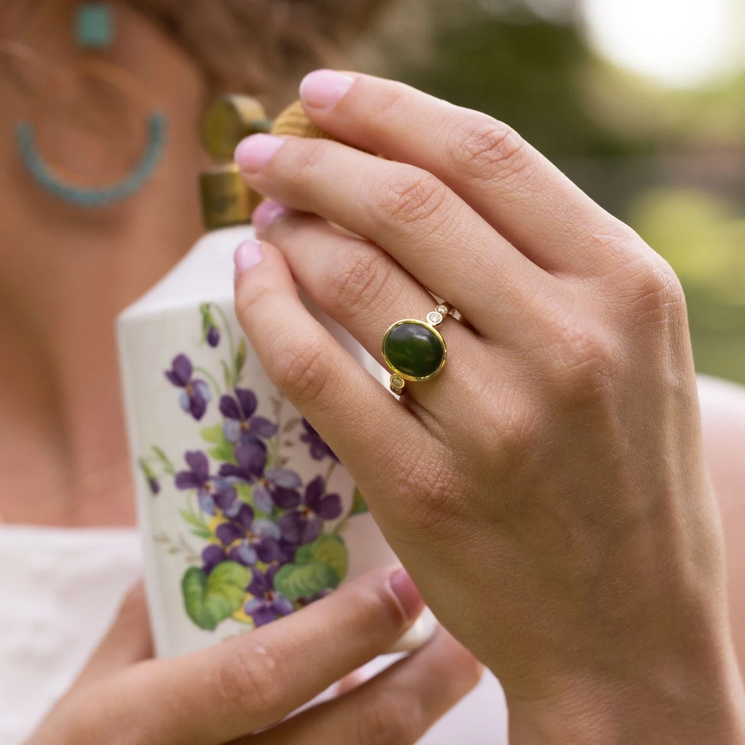 The Delfi - Oval Nephrite Jade Ring with Bezel Setting & Diamond Accents - Image 9