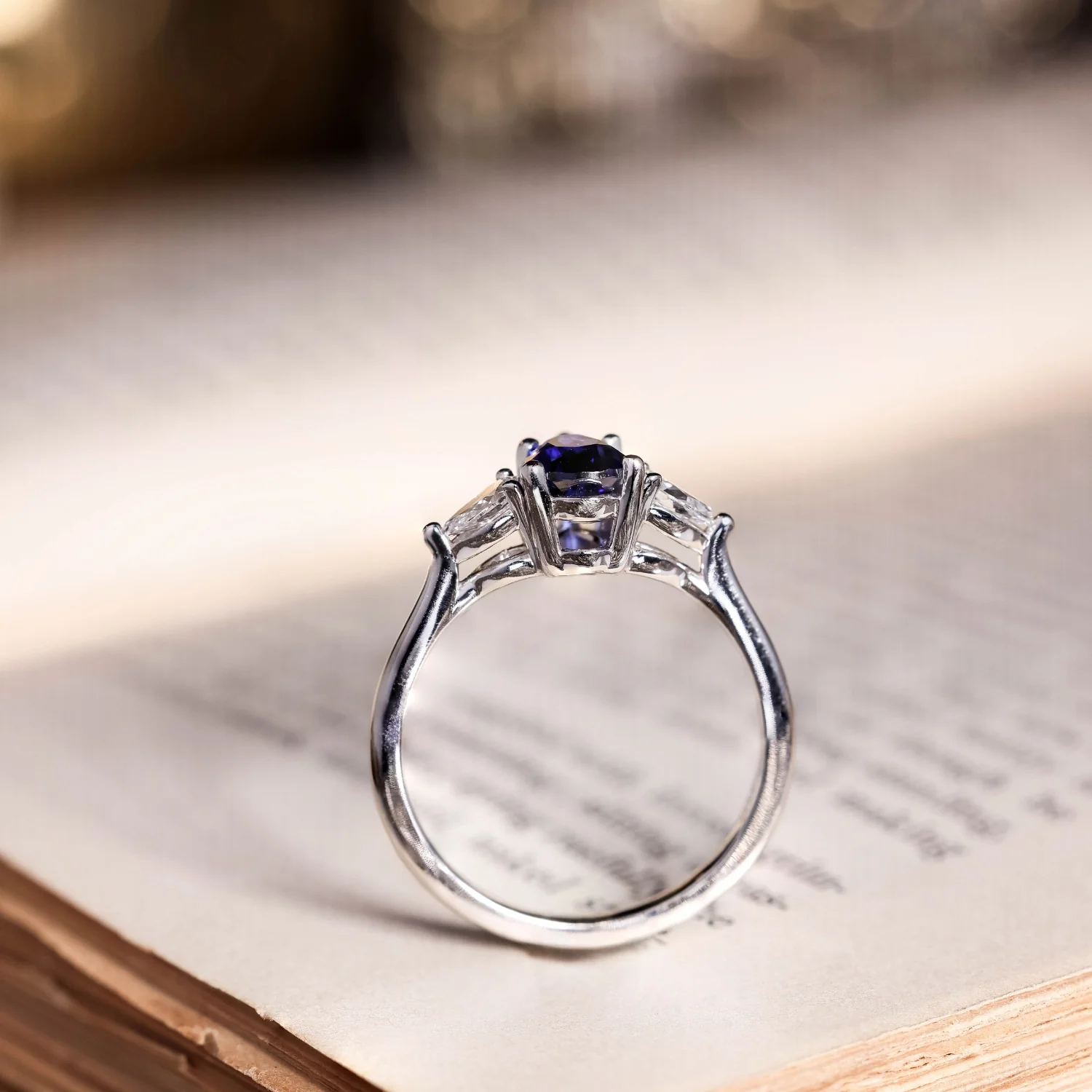 The Diana - Blue Sapphire Pear Cut Three Stone Engagement Ring with Diamond Accents - Image 11