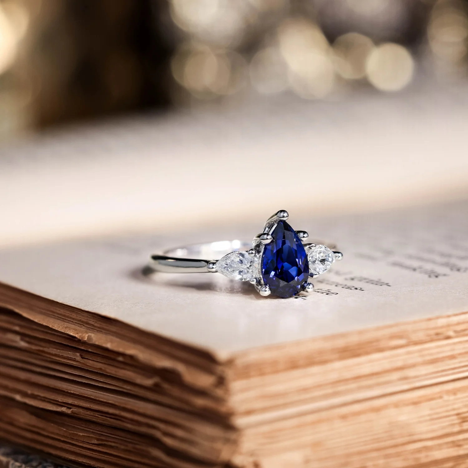 The Diana - Blue Sapphire Pear Cut Three Stone Engagement Ring with Diamond Accents - Image 6