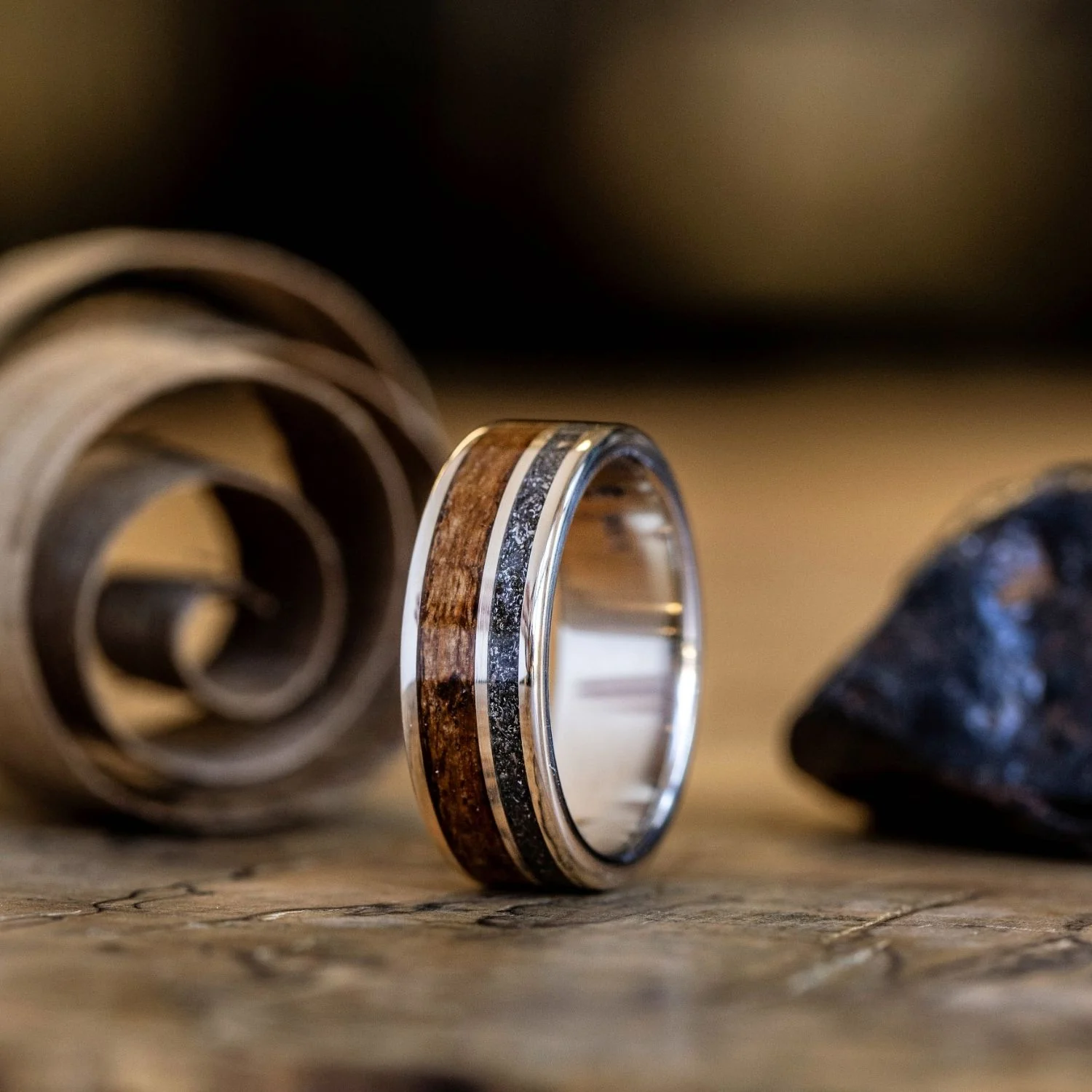 The Expedition | Men's Gold Meteorite Wedding Band with USS North Carolina Battleship Teak Wood - Image 3