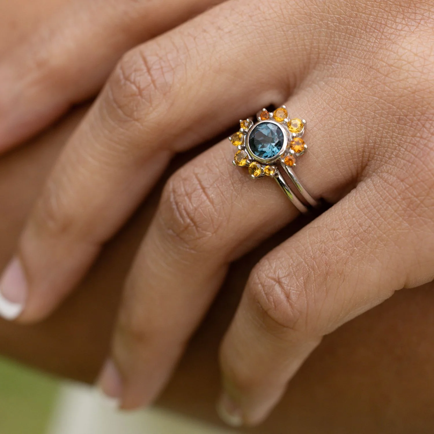 The Cosset - London Blue Topaz Engagement Ring with Citrine Crown Accent & Bezel Setting - Image 8