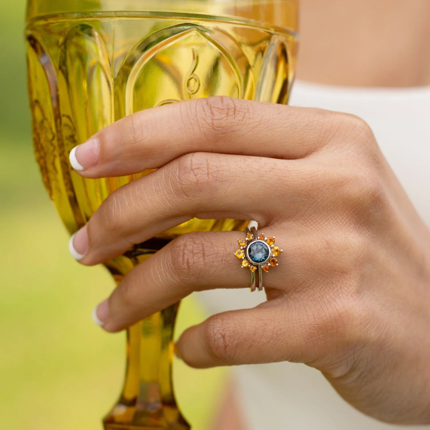 The Cosset - London Blue Topaz Engagement Ring with Citrine Crown Accent & Bezel Setting - Image 12