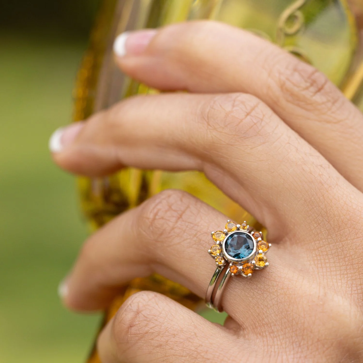 The Cosset - London Blue Topaz Engagement Ring with Citrine Crown Accent & Bezel Setting - Image 6