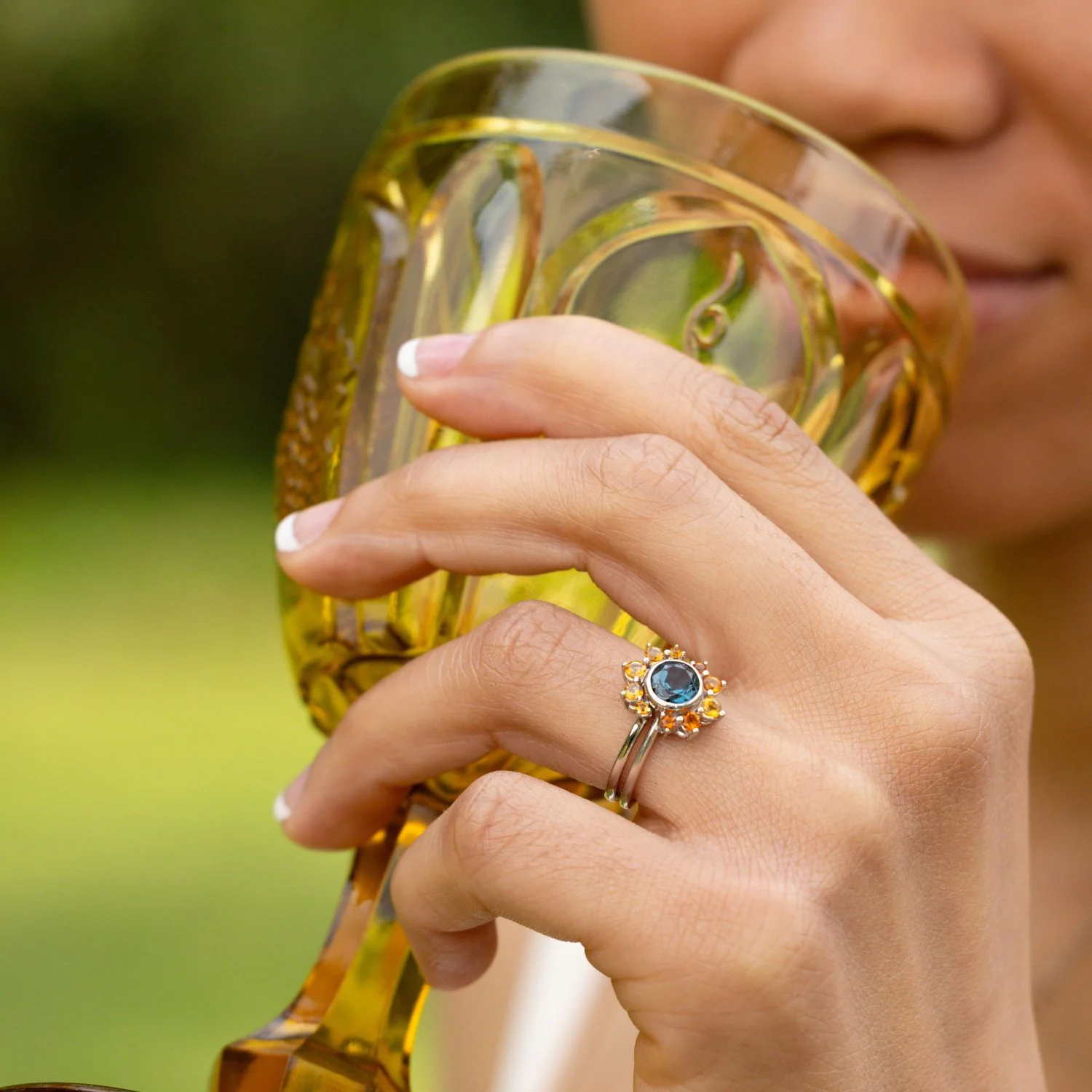 The Cosset - London Blue Topaz Engagement Ring with Citrine Crown Accent & Bezel Setting - Image 10