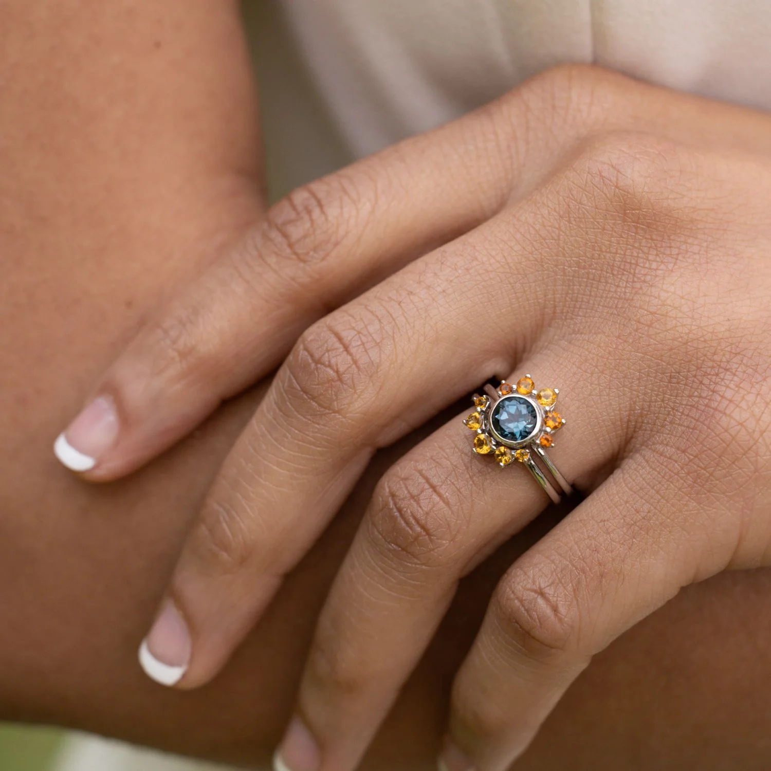 The Cosset - London Blue Topaz Engagement Ring with Citrine Crown Accent & Bezel Setting - Image 4