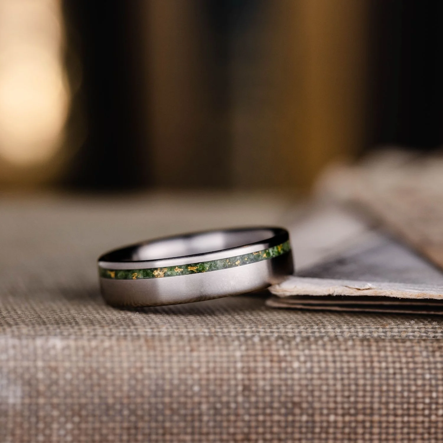 The Fairbanks | Men's High Polish Titanium Wedding Band with Green Imperial Diopside & Gold Flakes Offset Inlay - Image 3