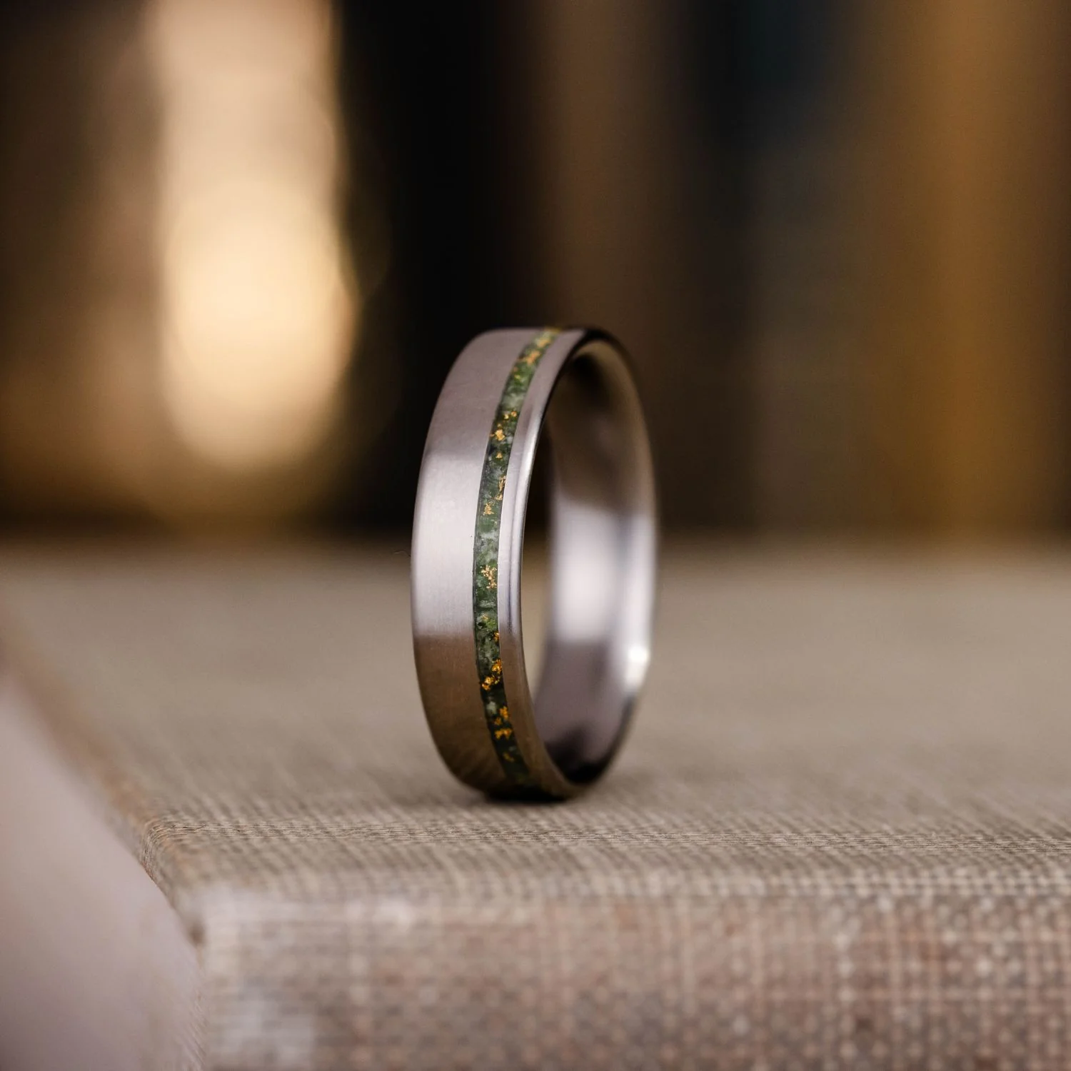 The Fairbanks | Men's High Polish Titanium Wedding Band with Green Imperial Diopside & Gold Flakes Offset Inlay - Image 4