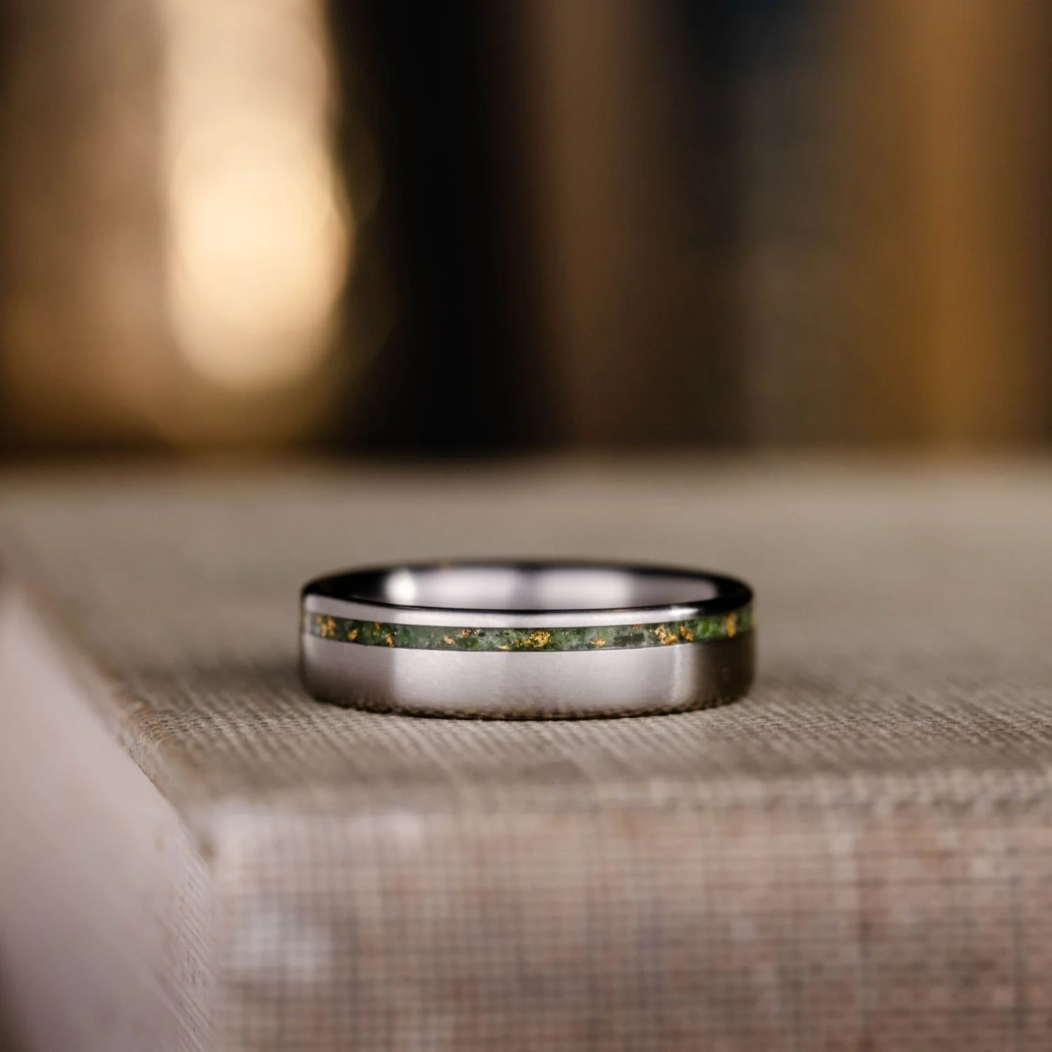 The Fairbanks | Men's High Polish Titanium Wedding Band with Green Imperial Diopside & Gold Flakes Offset Inlay - Image 5