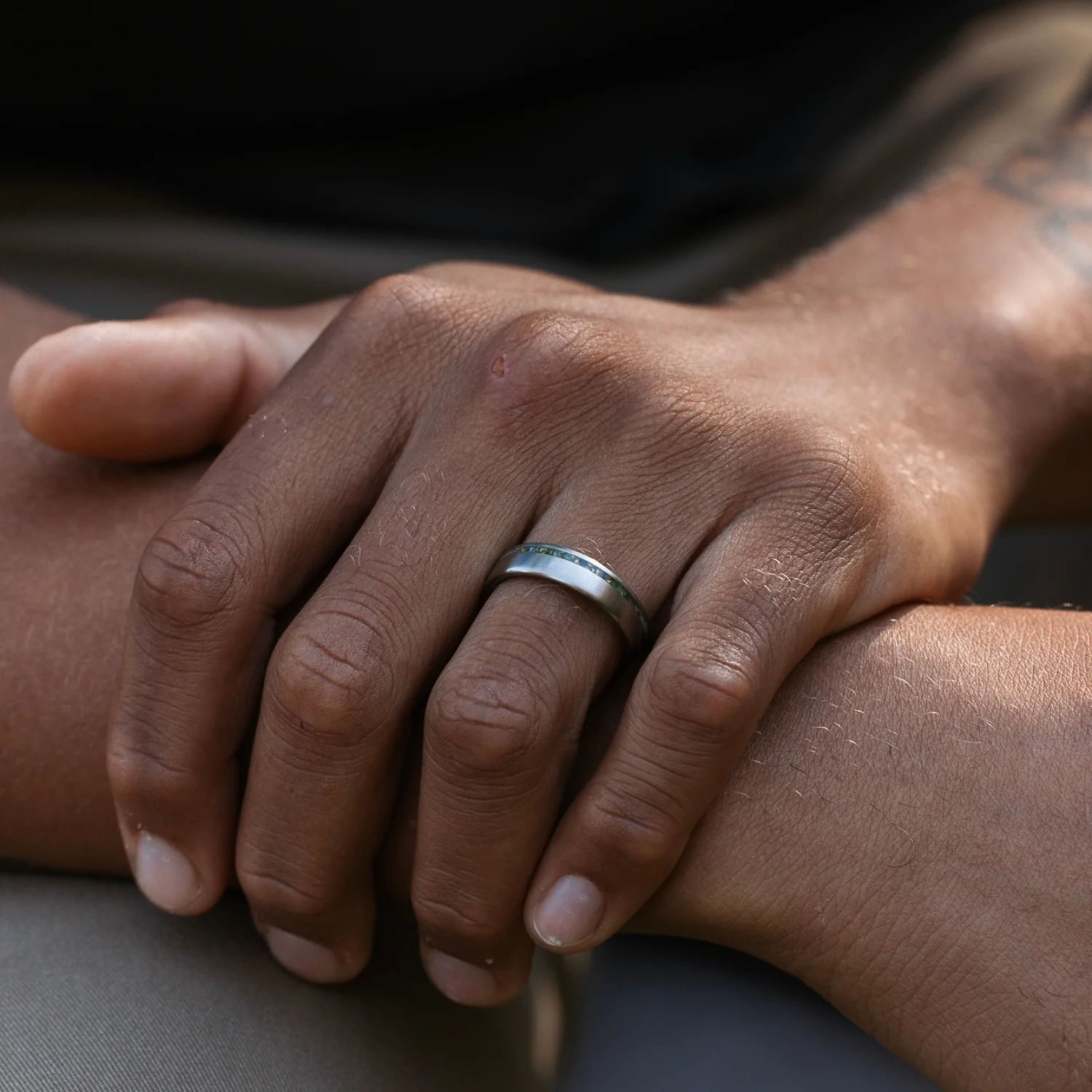 The Fairbanks | Men's High Polish Titanium Wedding Band with Green Imperial Diopside & Gold Flakes Offset Inlay - Image 6