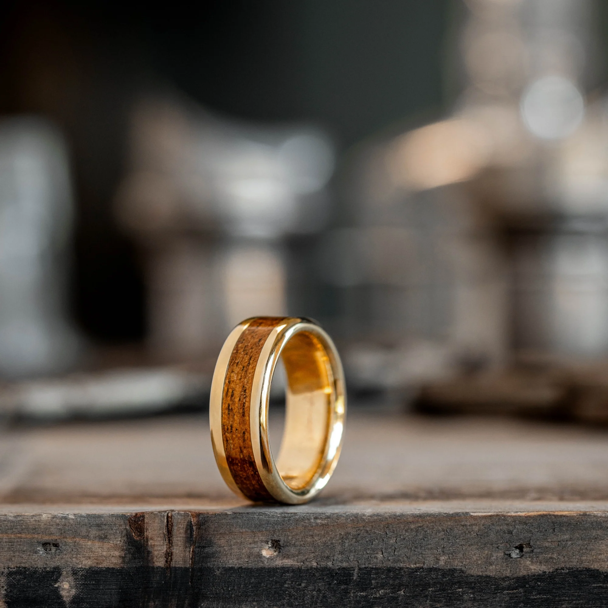 The Gold Rush | Men's Gold Wedding Band with USS California Battleship Teak Wood - Image 3