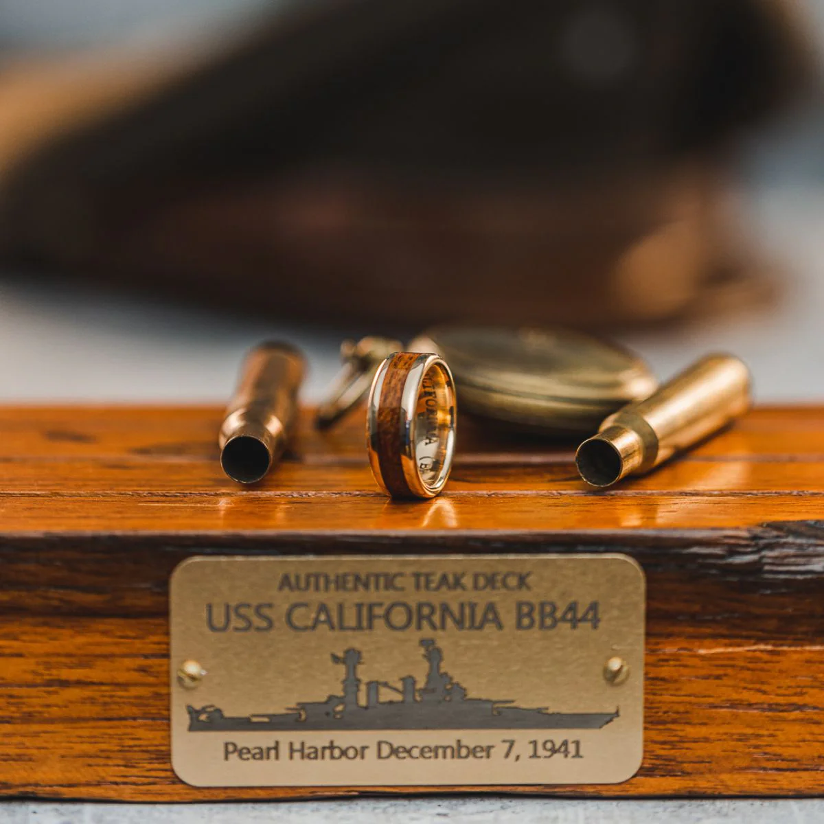 The Gold Rush | Men's Gold Wedding Band with USS California Battleship Teak Wood - Image 9