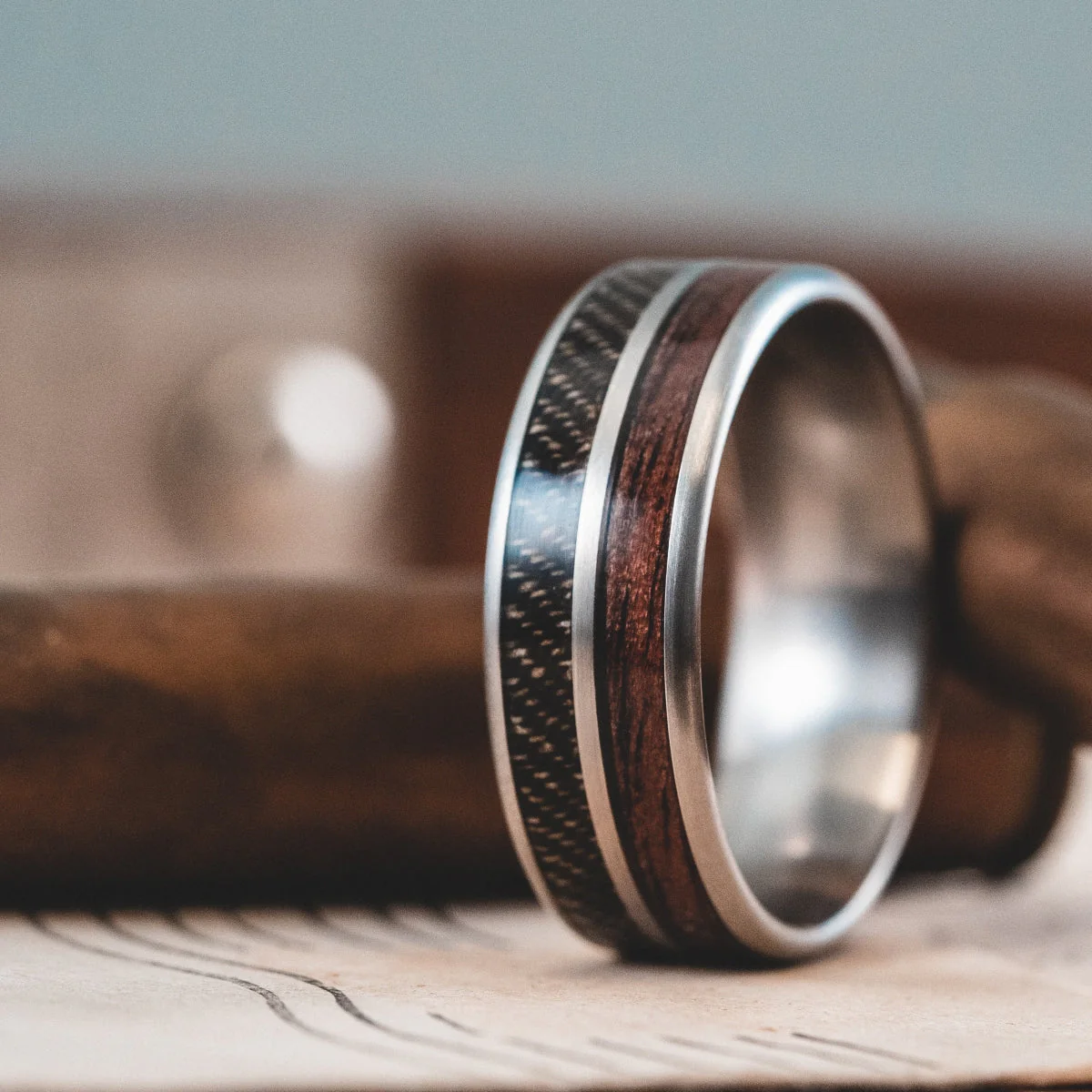 The Great War | Men's Titanium Wedding Band with 1903 Springfield Rifle Stock Wood & WWI Uniform - Image 3