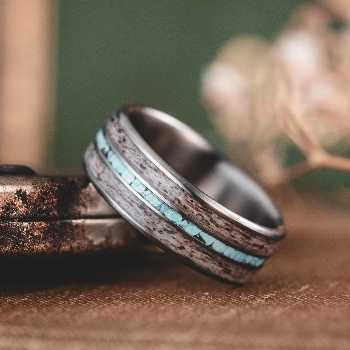 The Huntsman | Men's Titanium Wedding Band with Elk Antler & Turquoise - Image 5
