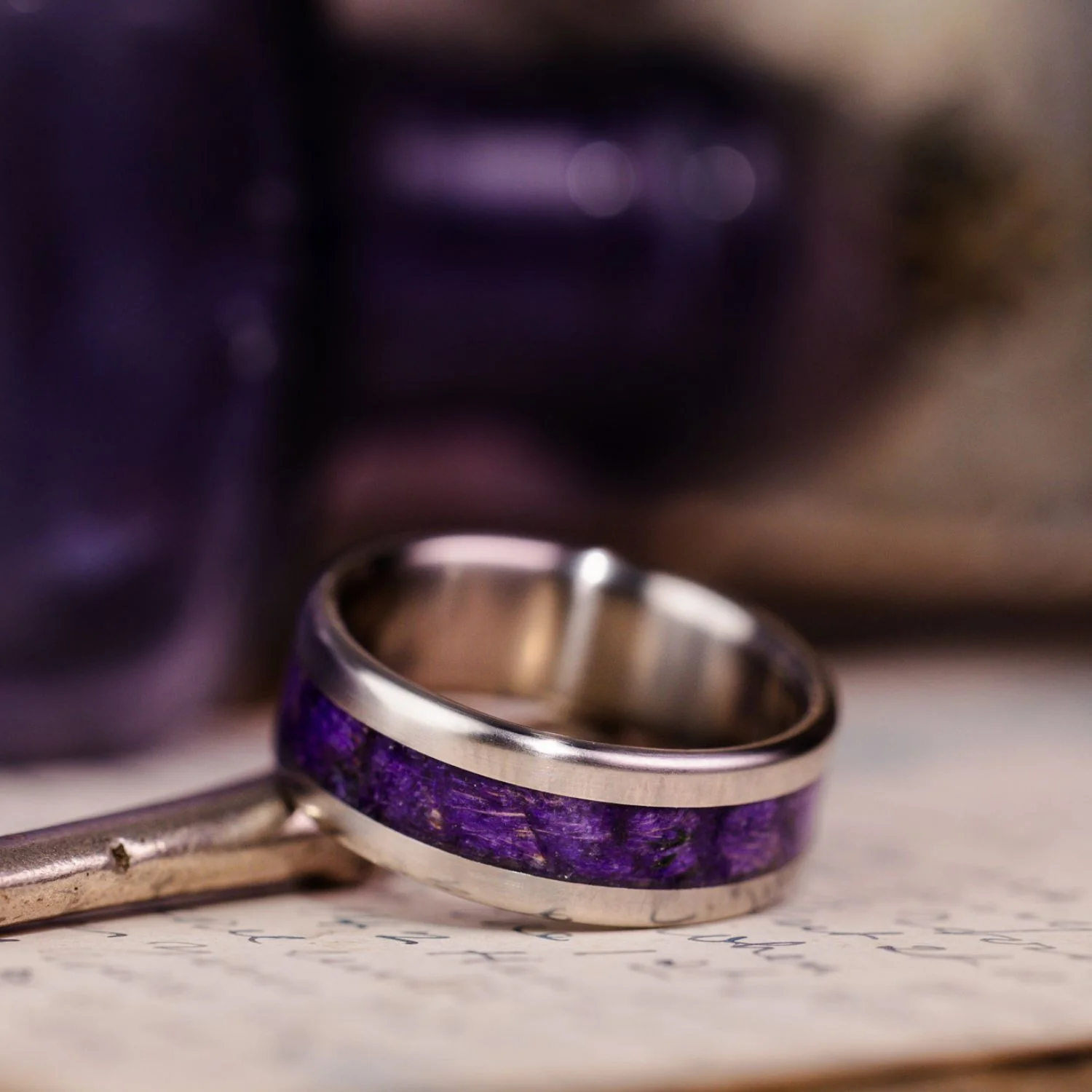 The Impressionist | Men's Lavender and Titanium Floral Wedding Band - Image 3