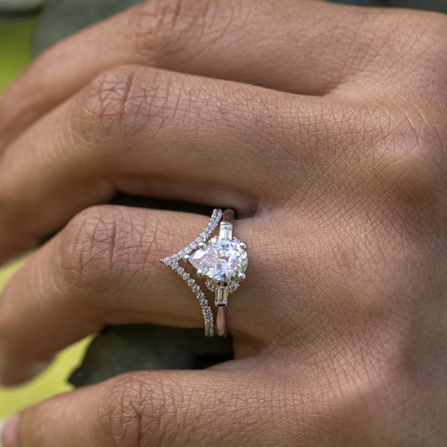 The Juno - Pear-Shaped Diamond Engagement Ring with Straight Baguette and Round Diamond Accents - Image 8