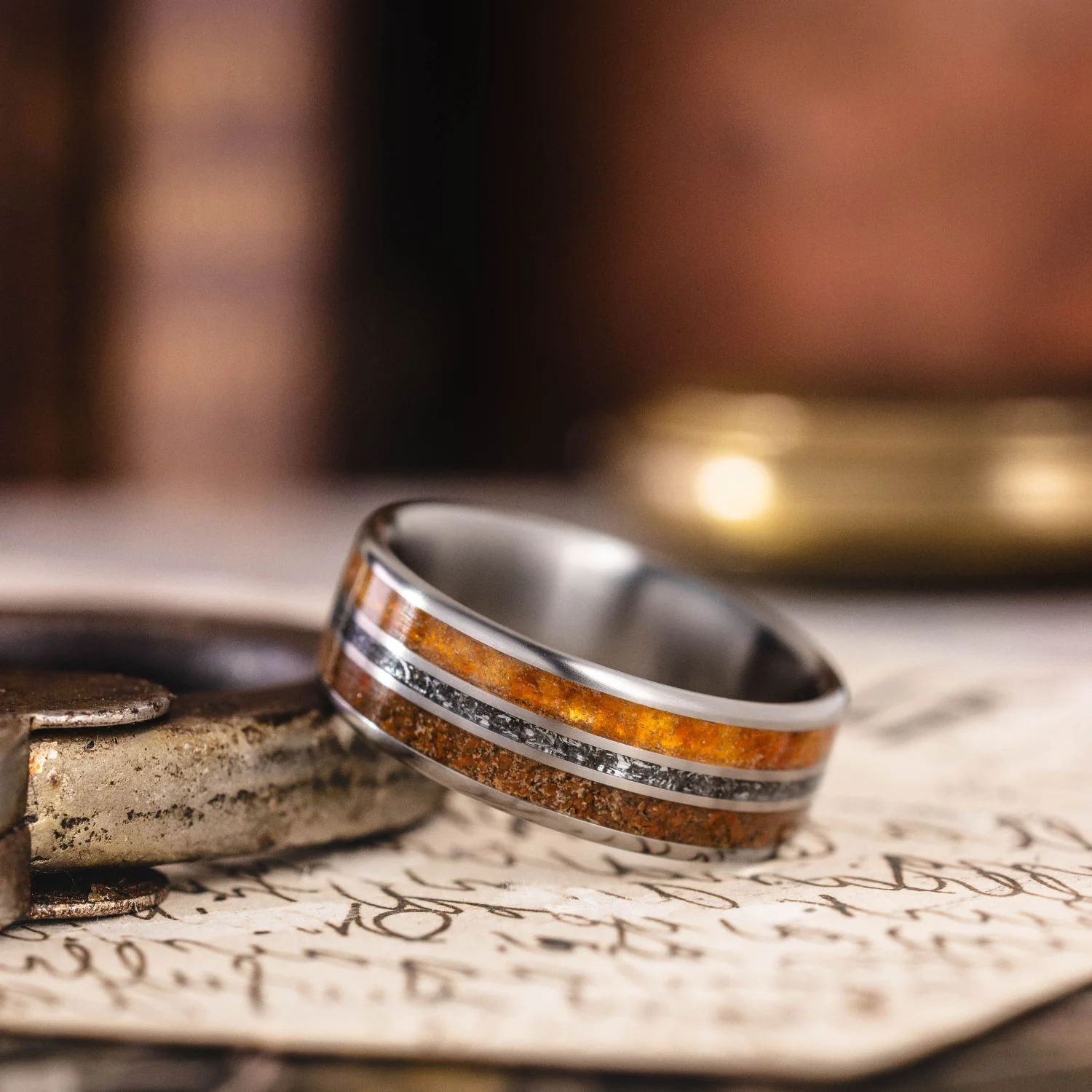The Jurassic | Men's Titanium Wedding Band with Dinosaur Bone, Meteorite & Fossilized Amber - Image 3