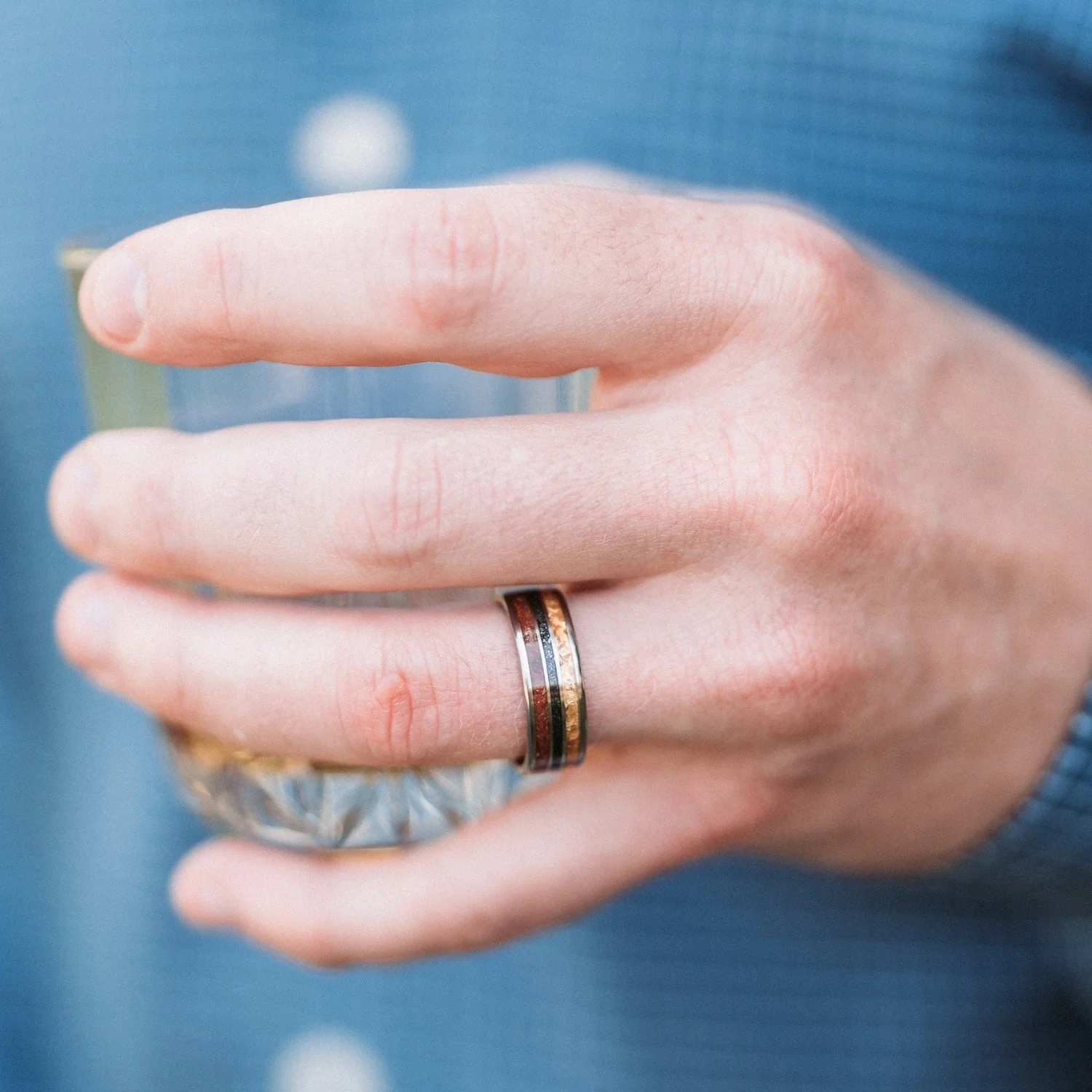 The Jurassic | Men's Titanium Wedding Band with Dinosaur Bone, Meteorite & Fossilized Amber - Image 5