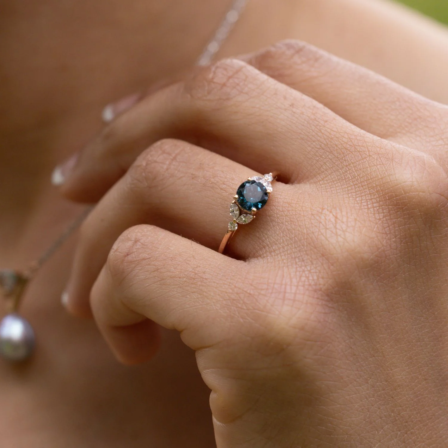 The Laurel - London Blue Topaz Nature Inspired Engagement Ring with Diamond Accent Stones - Image 3