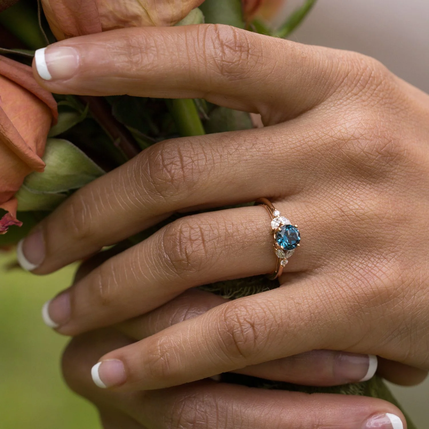 The Laurel - London Blue Topaz Nature Inspired Engagement Ring with Diamond Accent Stones - Image 5