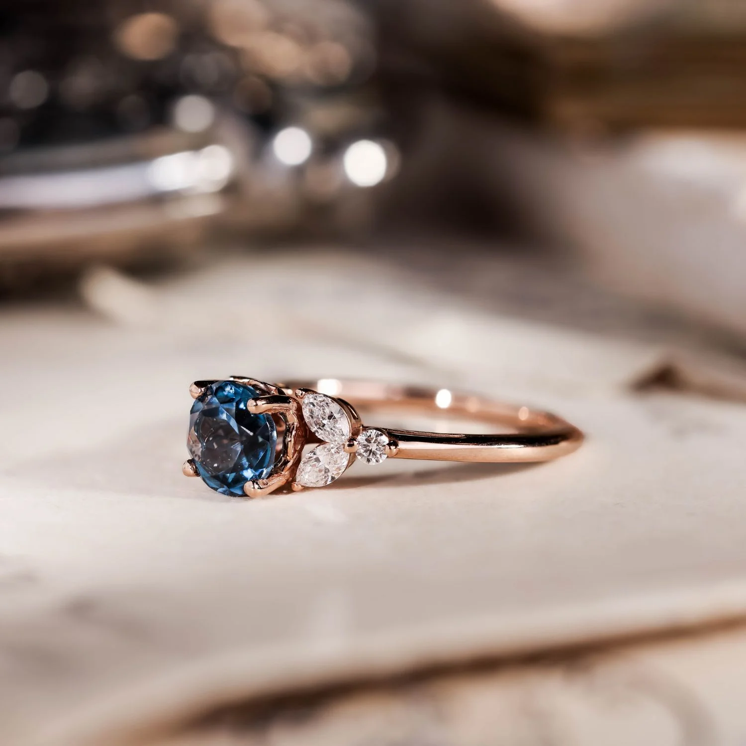The Laurel - London Blue Topaz Nature Inspired Engagement Ring with Diamond Accent Stones - Image 6