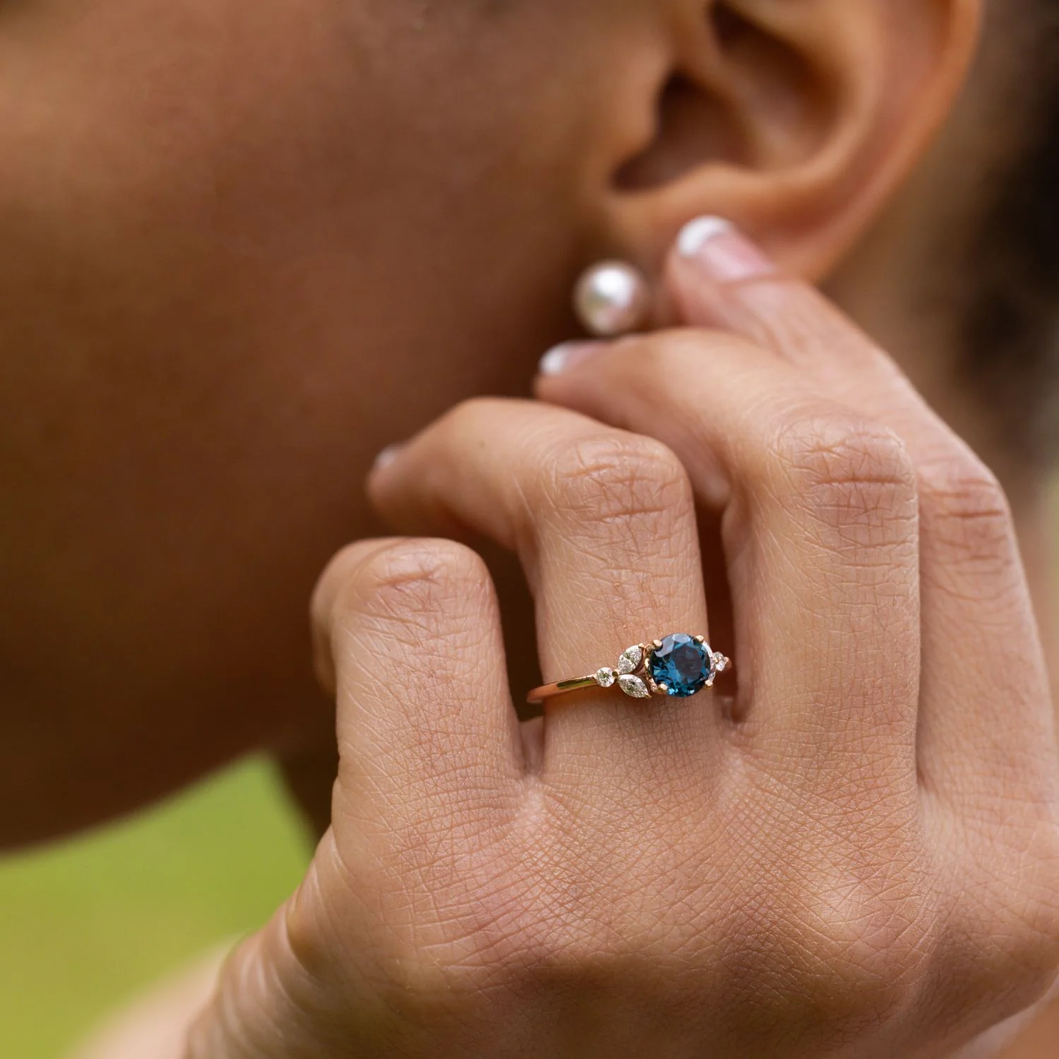 The Laurel - London Blue Topaz Nature Inspired Engagement Ring with Diamond Accent Stones - Image 7