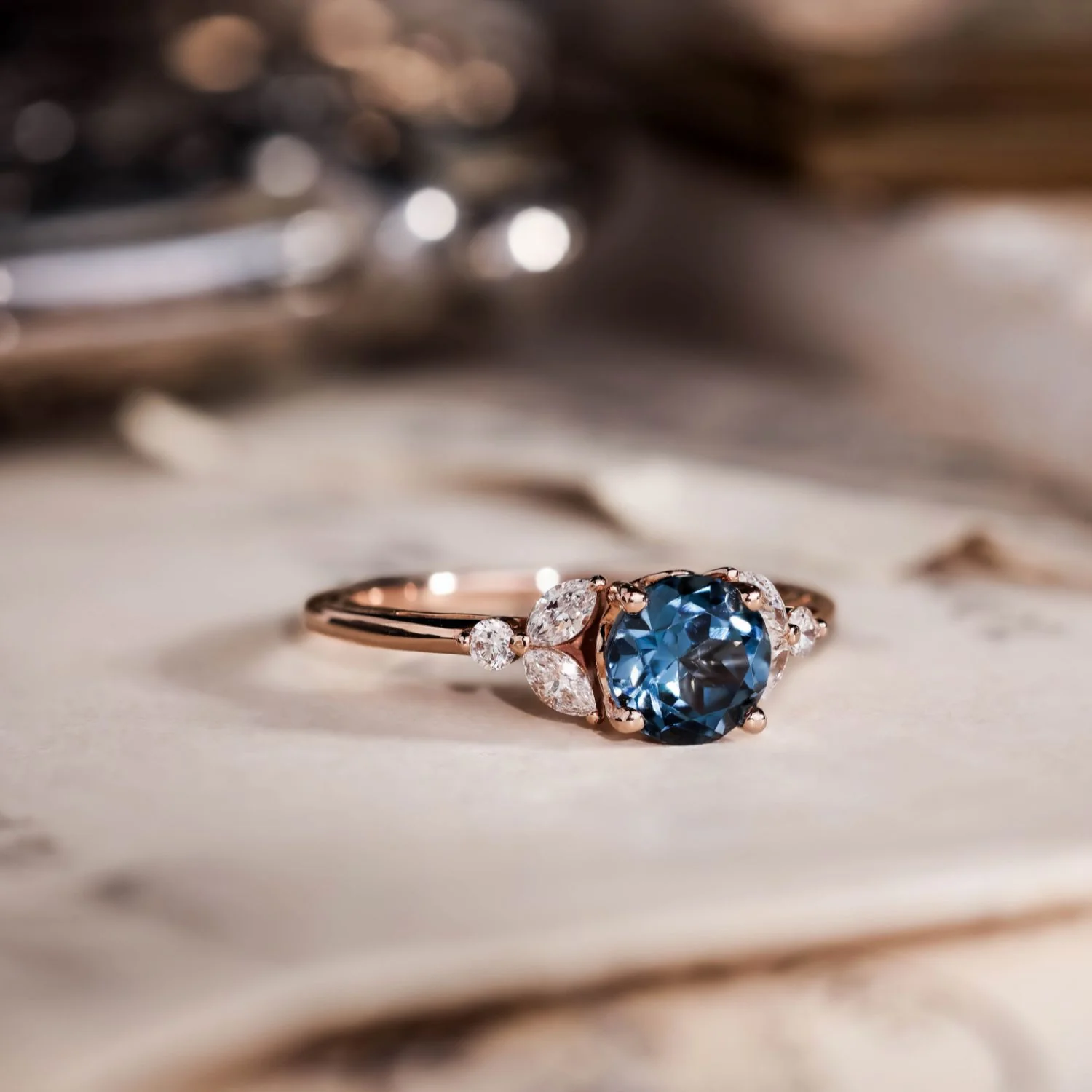 The Laurel - London Blue Topaz Nature Inspired Engagement Ring with Diamond Accent Stones - Image 8