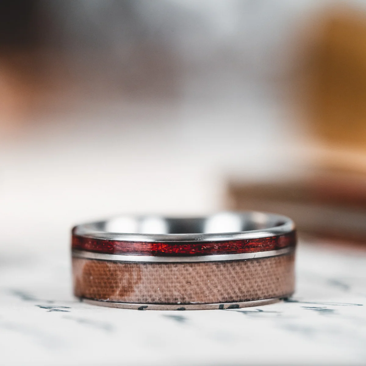 The Leatherneck | Men's Titanium Wedding Band with Marine Desert MARPAT Uniform & Bloodwood Inlays - Image 3