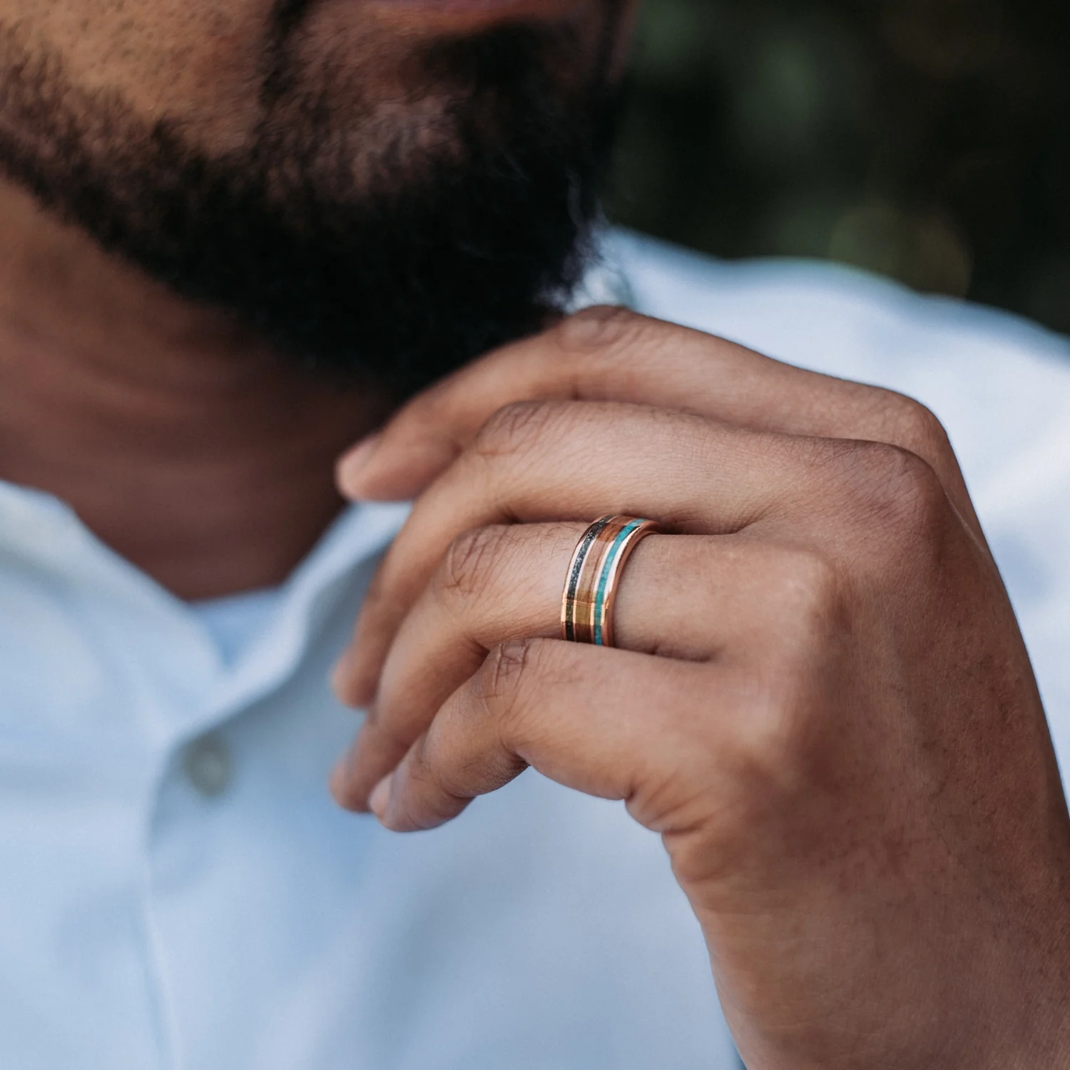 The Mahalo | Men's Gold Wedding Band with Meteorite, Koa Wood & Turquoise - Image 3