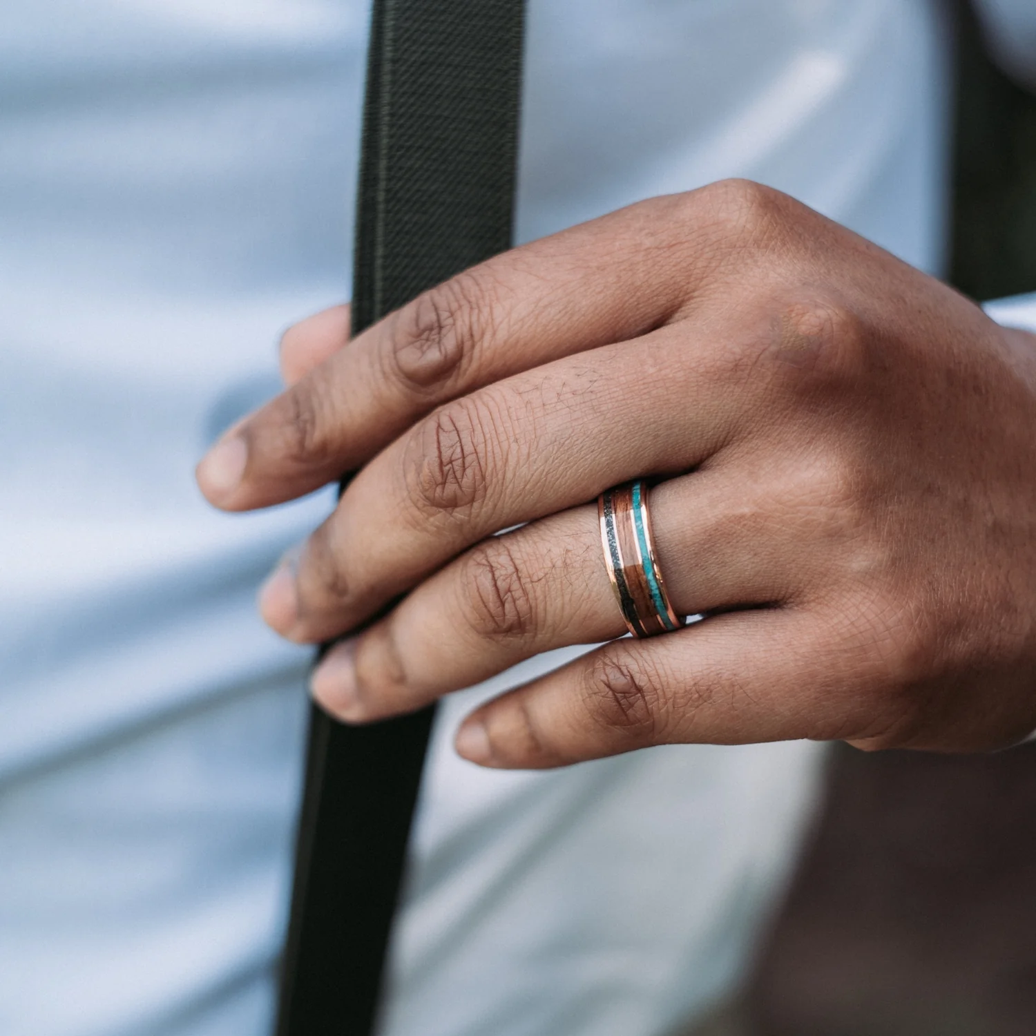 The Mahalo | Men's Gold Wedding Band with Meteorite, Koa Wood & Turquoise - Image 4