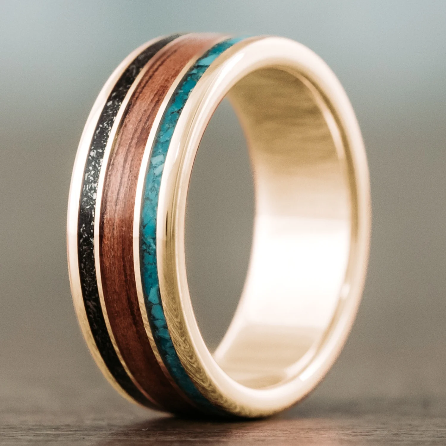 The Mahalo | Men's Gold Wedding Band with Meteorite, Koa Wood & Turquoise - Image 5