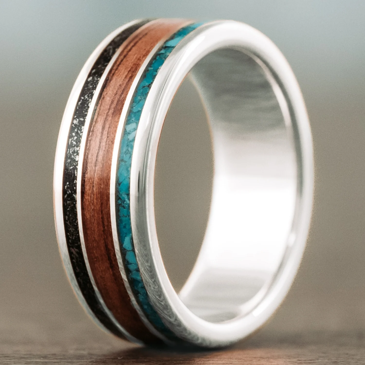 The Mahalo | Men's Gold Wedding Band with Meteorite, Koa Wood & Turquoise - Image 6