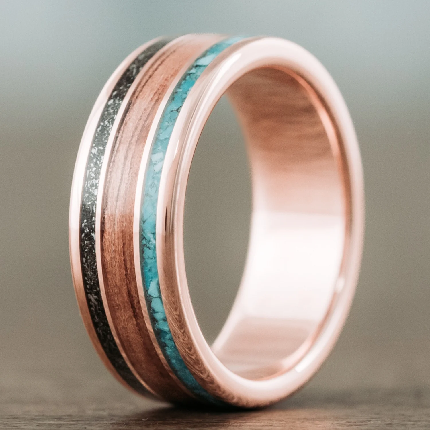 The Mahalo | Men's Gold Wedding Band with Meteorite, Koa Wood & Turquoise - Image 7