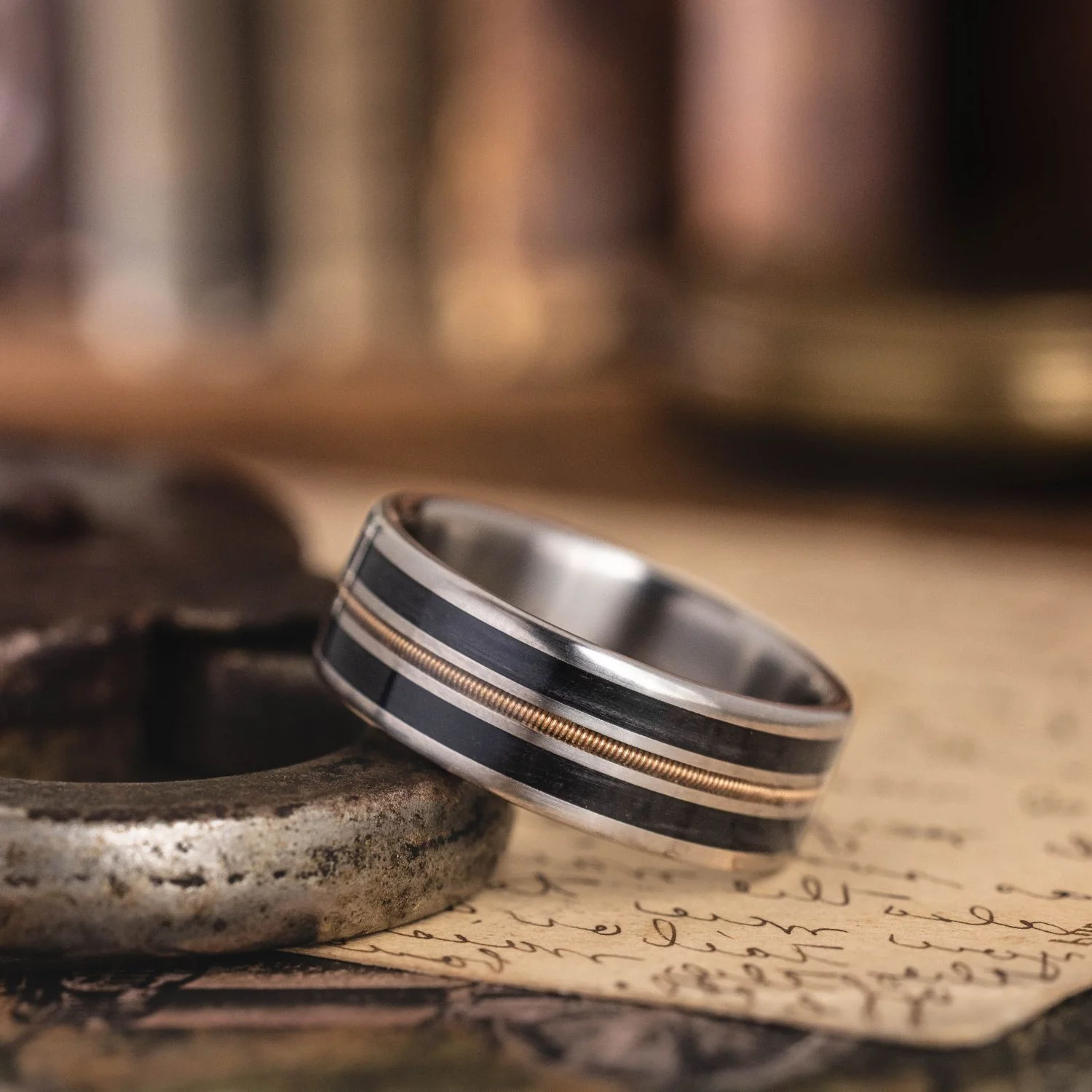 The Man in Black | Men's Titanium Guitar String Wedding Band with Black Whiskey Barrel Wood - Image 3