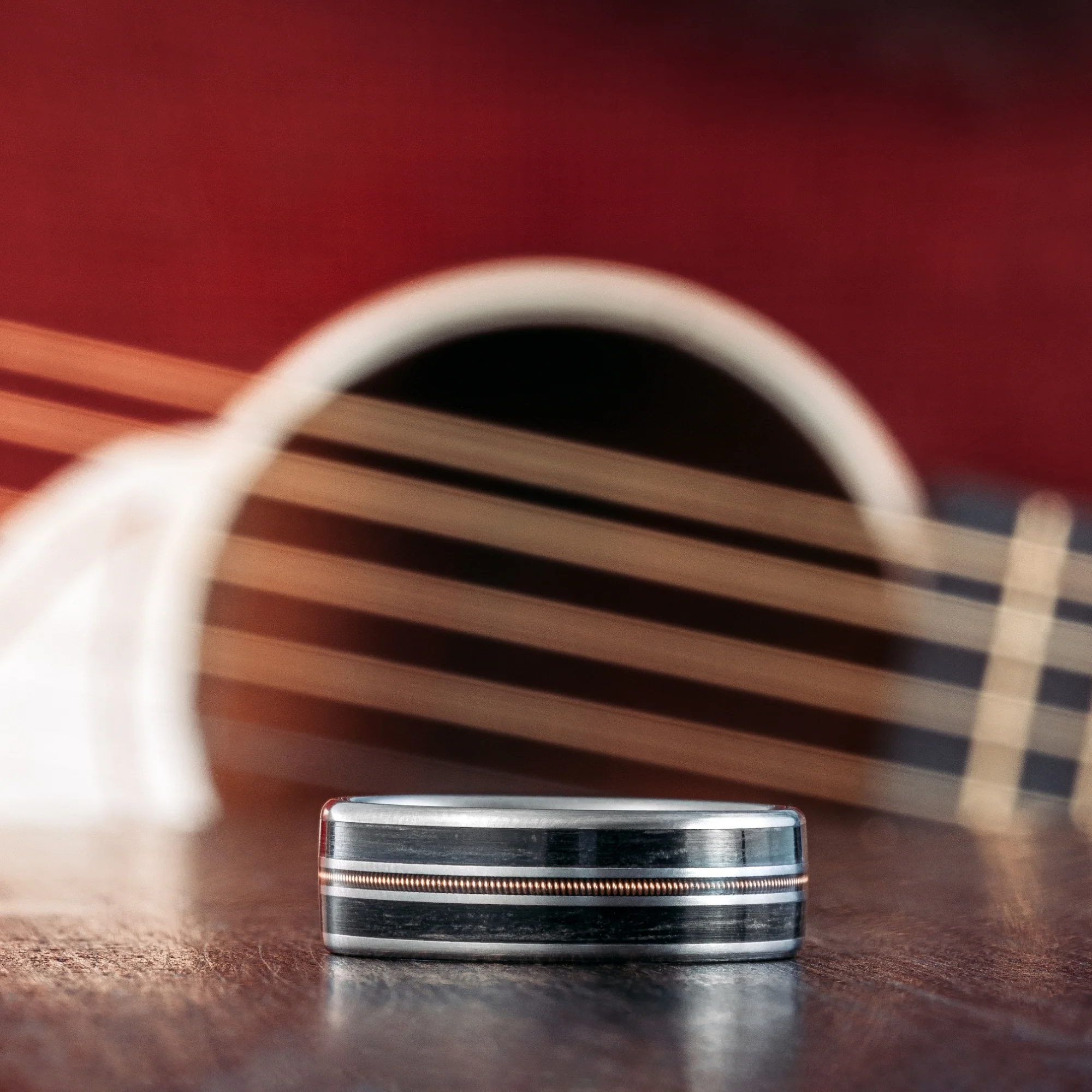 The Man in Black | Men's Titanium Guitar String Wedding Band with Black Whiskey Barrel Wood - Image 4