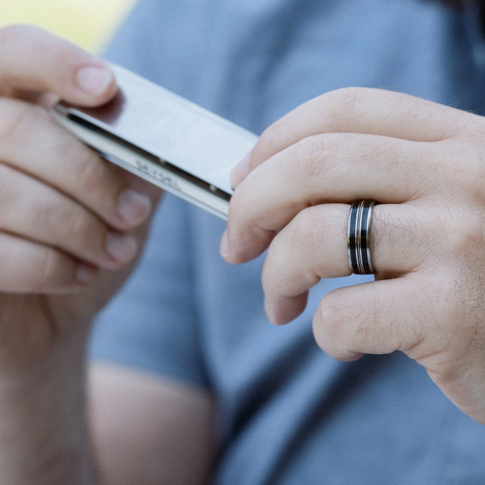 The Man in Black | Men's Titanium Guitar String Wedding Band with Black Whiskey Barrel Wood - Image 5