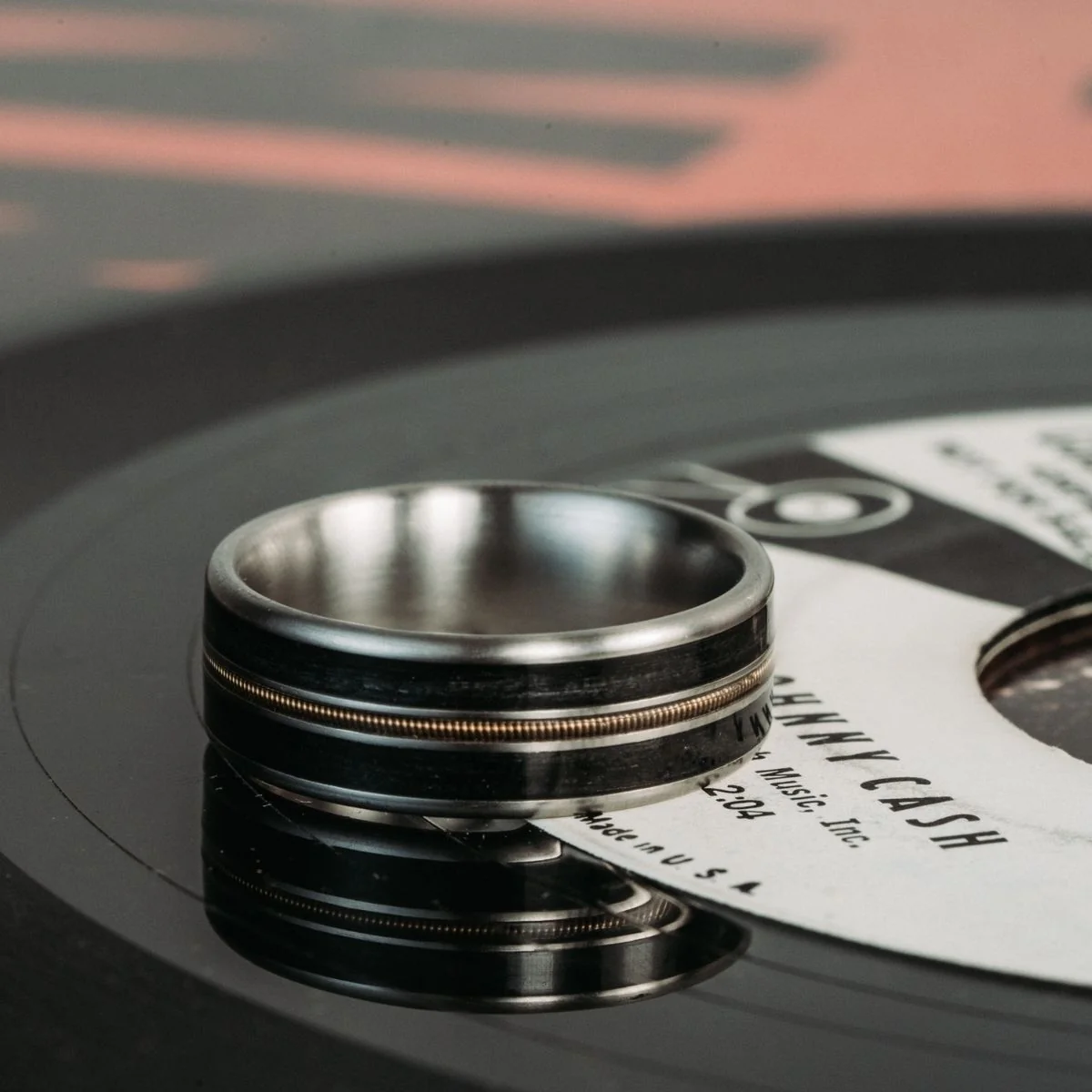 The Man in Black | Men's Titanium Guitar String Wedding Band with Black Whiskey Barrel Wood - Image 6