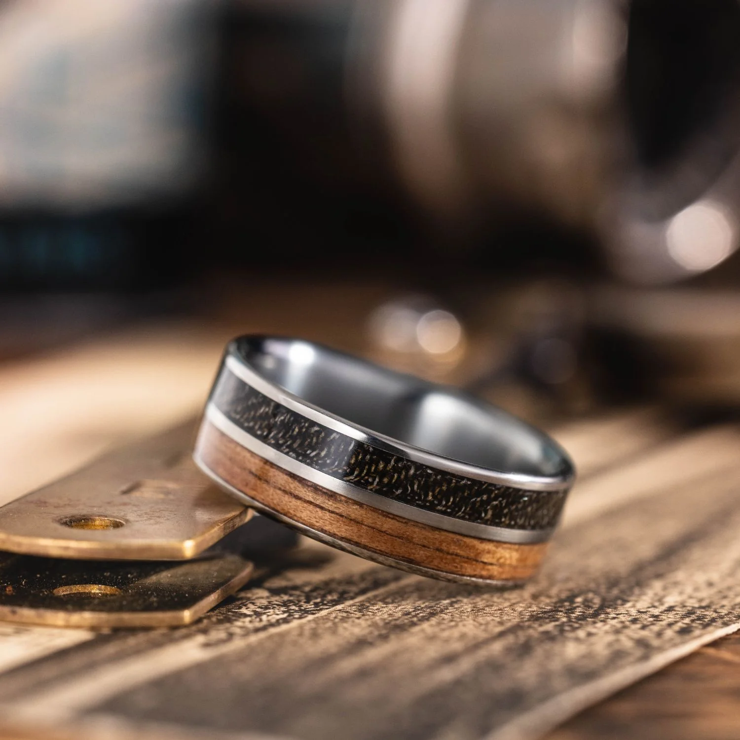 The Maverick | Men's Titanium Wedding Band with Vintage Air Force Flight Suit & Louisiana Bogwood - Image 3